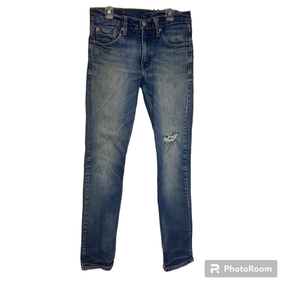 LEVIS men’s medium wash distressed straight leg jeans so: W29 L32